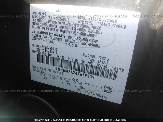 1LNHM87A24Y679339 - 2004 LINCOLN LS 黑色 照片 9