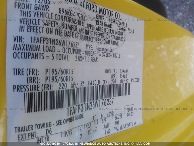 1FAFP31N26W176237 - 2006 FORD FOCUS ZX3 YELLOW photo 9