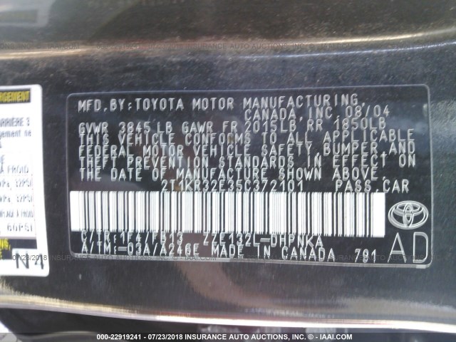 2T1KR32E35C372101 - 2005 TOYOTA COROLLA MATRIX XR GRAY photo 9