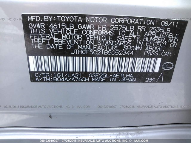 JTHCF5C21B5052344 - 2011 LEXUS IS 250 SILVER photo 9