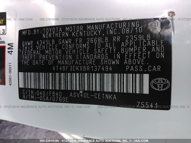 4T4BF3EKXBR137494 - 2011 TOYOTA CAMRY SE/LE/XLE WHITE photo 9