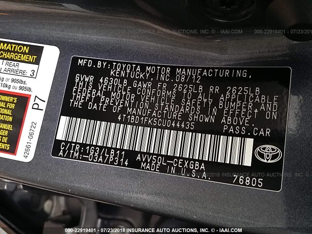 4T1BD1FK5CU044435 - 2012 TOYOTA CAMRY HYBRID/LE/XLE 灰色 照片 9