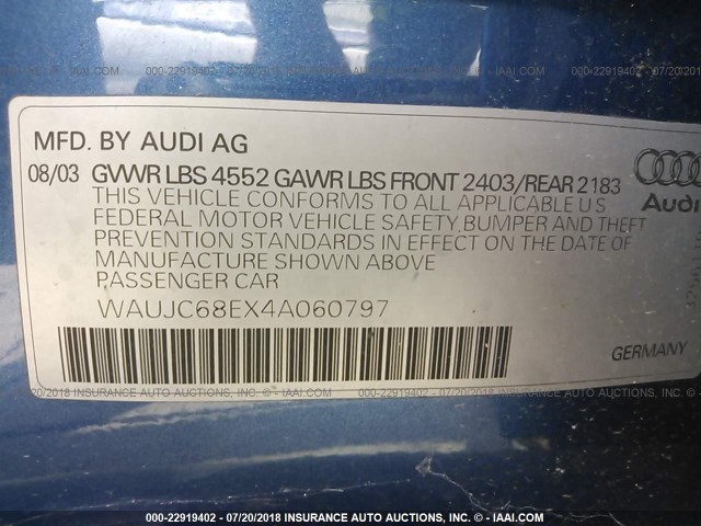 WAUJC68EX4A060797 - 2004 AUDI A4 1.8T BLUE photo 9