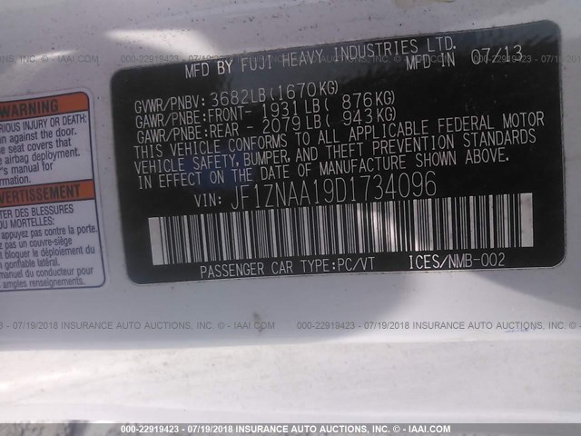 JF1ZNAA19D1734096 - 2013 TOYOTA SCION FR-S WHITE photo 9