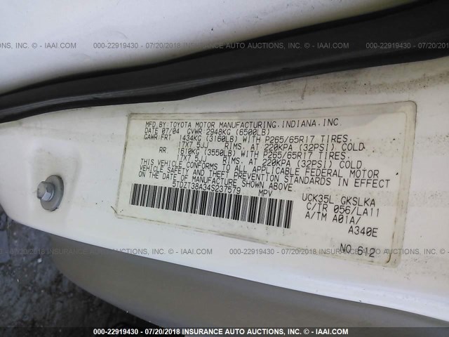 5TDZT38A34S237579 - 2004 TOYOTA SEQUOIA LIMITED WHITE photo 9