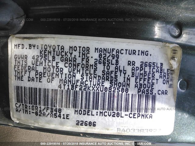 4T1BF22KXXU082500 - 1999 TOYOTA CAMRY LE/XLE GREEN photo 9