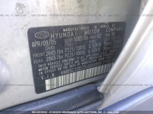 KM8SC13D75U009889 - 2005 HYUNDAI SANTA FE GLS/LX SILVER photo 9