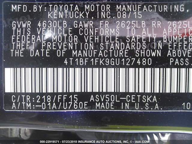 4T1BF1FK9GU127480 - 2016 TOYOTA CAMRY LE/XLE/SE/XSE BLACK photo 9