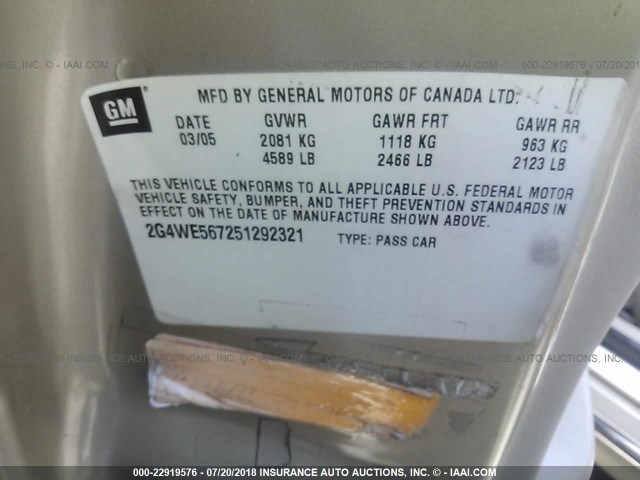 2G4WE567251292321 - 2005 BUICK LACROSSE CXS TAN photo 9