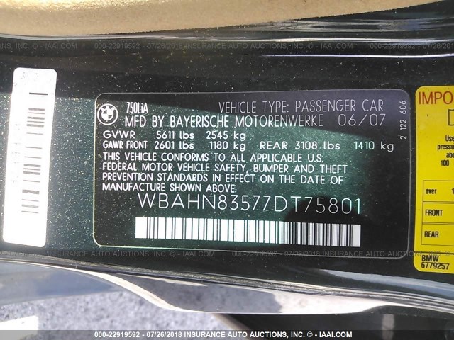 WBAHN83577DT75801 - 2007 BMW 750 GREEN photo 9