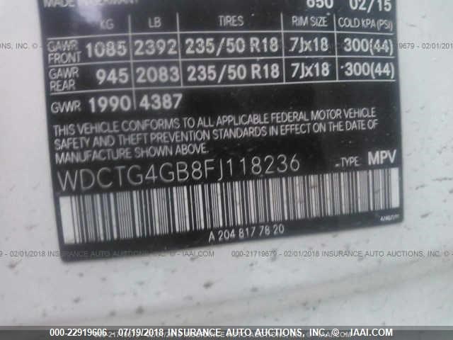 WDCTG4GB8FJ118236 - 2015 MERCEDES-BENZ GLA 250 4MATIC WHITE photo 9