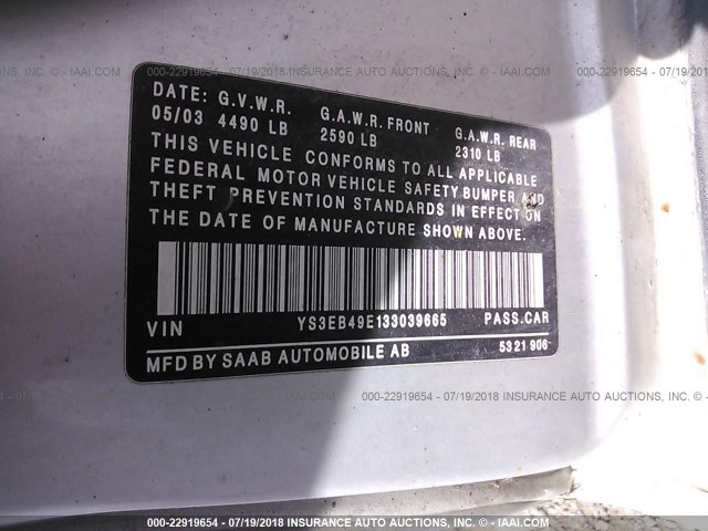 YS3EB49E133039665 - 2003 SAAB 9-5 LINEAR GRAY photo 9