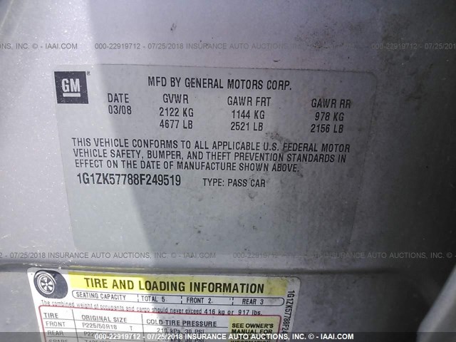 1G1ZK57788F249519 - 2008 CHEVROLET MALIBU LTZ 灰色 照片 9