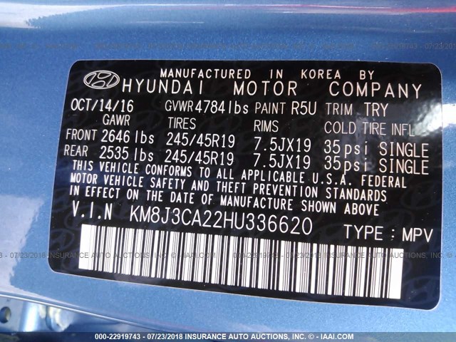 KM8J3CA22HU336620 - 2017 HYUNDAI TUCSON BLUE photo 9