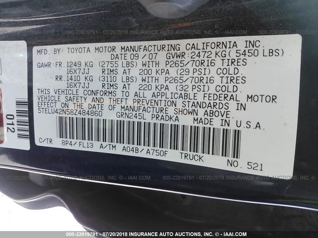 5TELU42N58Z484860 - 2008 TOYOTA TACOMA DOUBLE CAB ლურჯი ფოტო 9