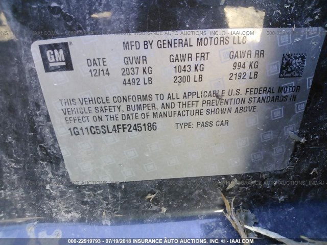 1G11C5SL4FF245186 - 2015 CHEVROLET MALIBU 灰色 照片 9