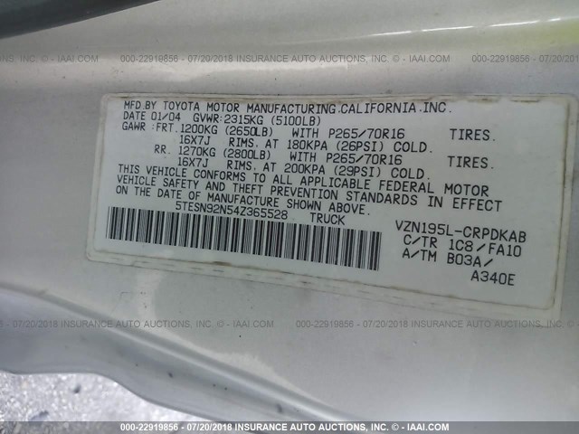 5TESN92N54Z365528 - 2004 TOYOTA TACOMA XTRACAB PRERUNNER 银色 照片 9