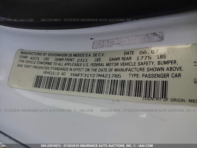 3VWFF31Y27M421785 - 2007 VOLKSWAGEN NEW BEETLE TRIPLE WHITE WHITE photo 9