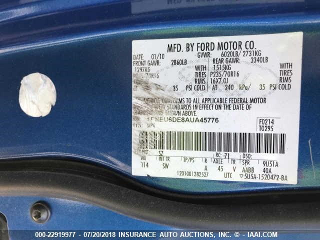 1FMEU6DE8AUA45776 - 2010 FORD EXPLORER XLT BLUE photo 9