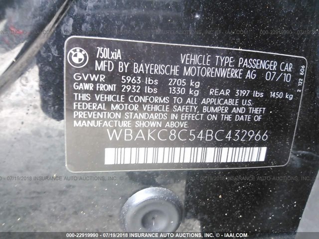 WBAKC8C54BC432966 - 2011 BMW 750 LXI BLACK photo 9