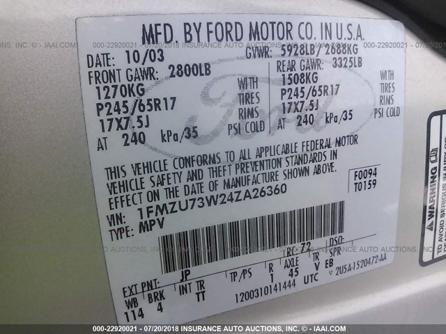 1FMZU73W24ZA26360 - 2004 FORD EXPLORER XLT/XLT SPORT/NBX 银色 照片 9