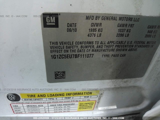 1G1ZC5EU7BF111077 - 2011 CHEVROLET MALIBU 1LT WHITE photo 9