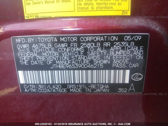 JTHBE96S390046215 - 2009 LEXUS GS 350 RED photo 9