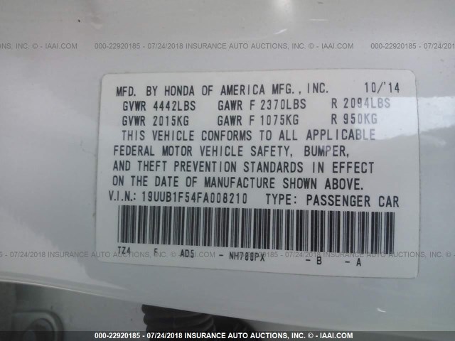 19UUB1F54FA008210 - 2015 ACURA TLX TECH WHITE photo 9