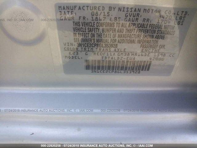 3N1CE2CP8GL353928 - 2016 NISSAN VERSA NOTE S/S PLUS/SV/SL/SR SILVER photo 9