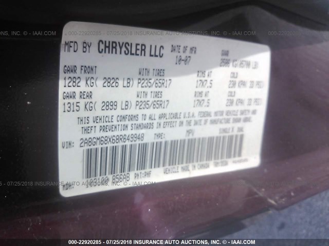 2A8GM68X68R649948 - 2008 CHRYSLER PACIFICA TOURING MAROON photo 9