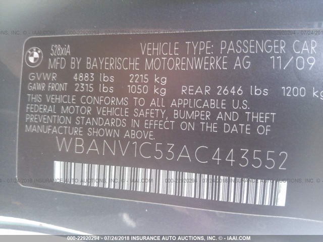 WBANV1C53AC443552 - 2010 BMW 528 XI GRAY photo 9