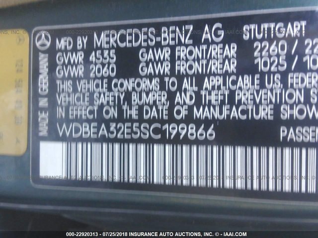 WDBEA32E5SC199866 - 1995 MERCEDES-BENZ E 320 BASE/320 SPECIAL GREEN photo 9