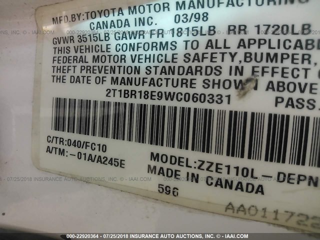 2T1BR18E9WC060331 - 1998 TOYOTA COROLLA VE/CE/LE 白色 照片 9