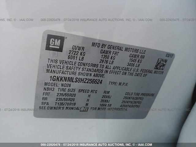 1GKKNMLS8HZ256624 - 2017 GMC ACADIA SLT-1 Biały zdjęcie 9