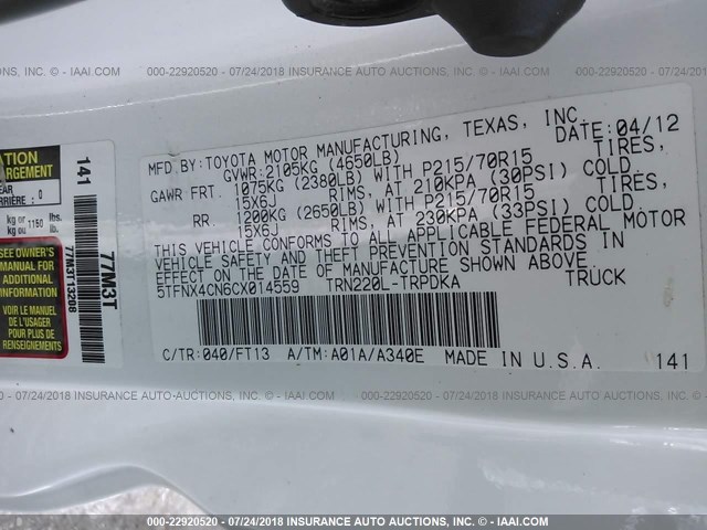 5TFNX4CN6CX014559 - 2012 TOYOTA TACOMA WHITE photo 9