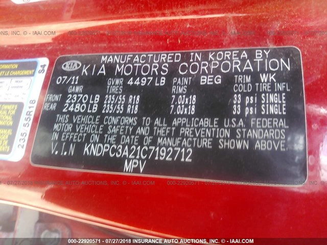 KNDPC3A21C7192712 - 2012 KIA SPORTAGE EX RED photo 9