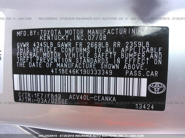 4T1BE46K19U333349 - 2009 TOYOTA CAMRY SE/LE/XLE SILVER photo 9