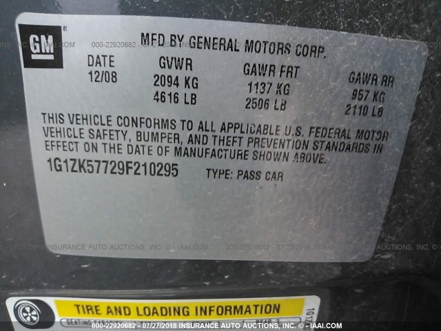 1G1ZK57729F210295 - 2009 CHEVROLET MALIBU LTZ 灰色 照片 9