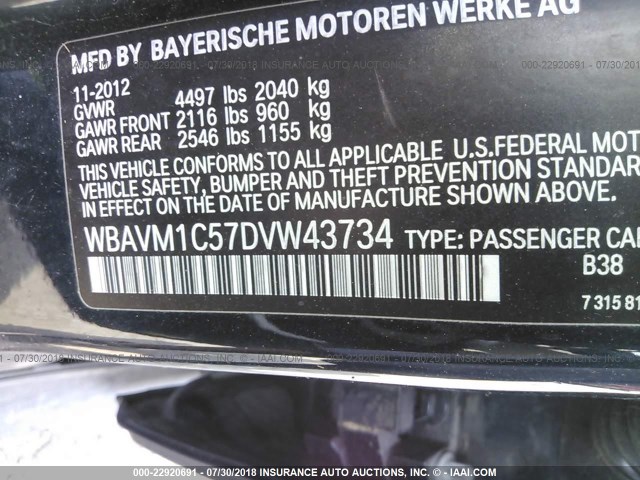 WBAVM1C57DVW43734 - 2013 BMW X1 SDRIVE28I BLUE photo 9