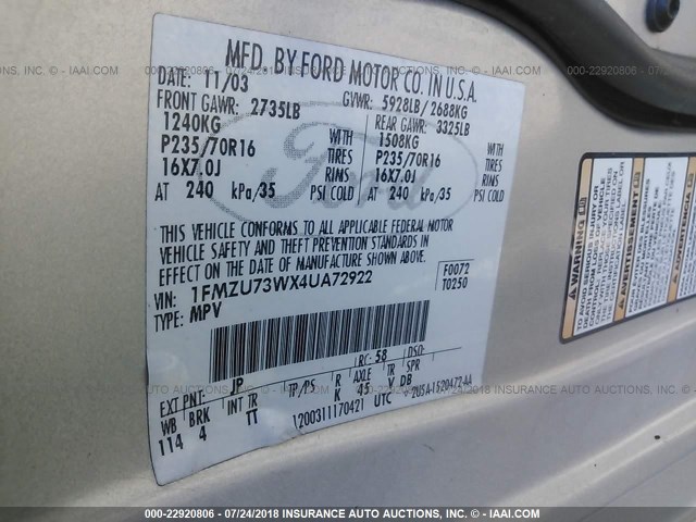 1FMZU73WX4UA72922 - 2004 FORD EXPLORER XLT/XLT SPORT/NBX 灰色 照片 9