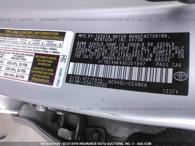 4T1BE46K49U301897 - 2009 TOYOTA CAMRY SE/LE/XLE ვერცხლისფერი ფოტო 9