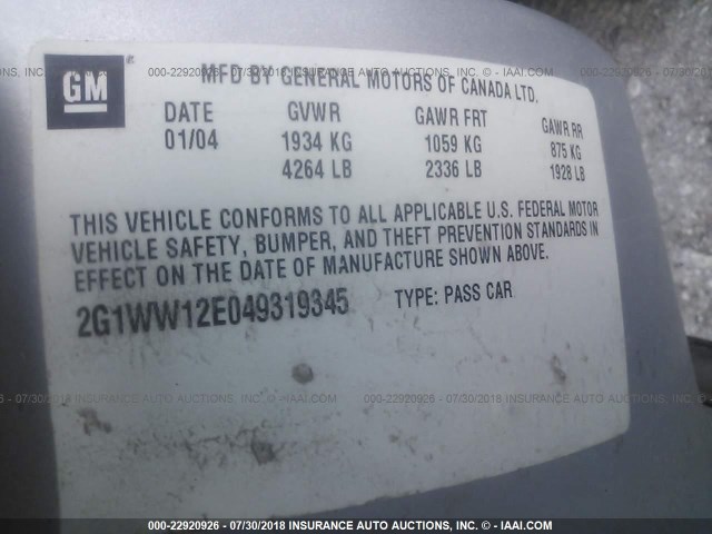 2G1WW12E049319345 - 2004 CHEVROLET MONTE CARLO LS ვერცხლისფერი ფოტო 9