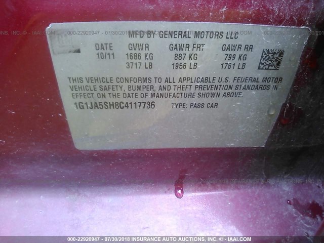 1G1JA5SH8C4117736 - 2012 CHEVROLET SONIC LS 红色 照片 9