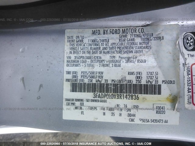 3FADP0L3XBR142836 - 2011 FORD FUSION HYBRID SILVER photo 9