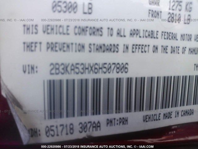 2B3KA53HX6H507806 - 2006 DODGE CHARGER R/T MAROON photo 9