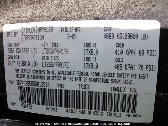 3D7KS28C65G813512 - 2005 DODGE RAM 2500 ST/SLT 黑色 照片 9