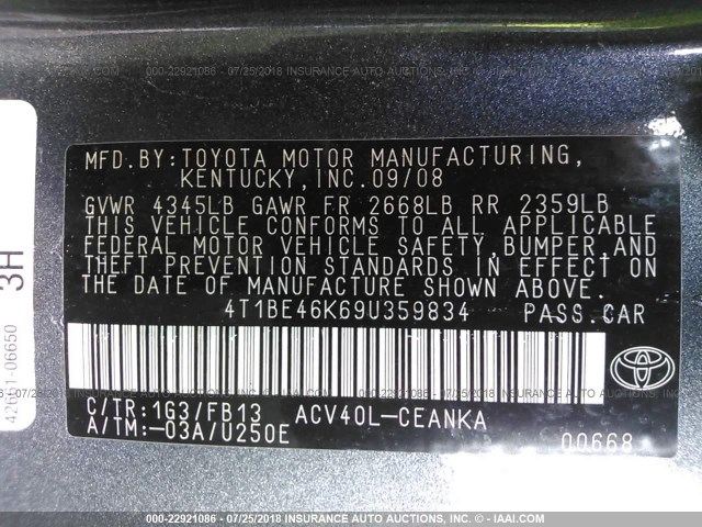 4T1BE46K69U359834 - 2009 TOYOTA CAMRY SE/LE/XLE ნაცრისფერი ფოტო 9