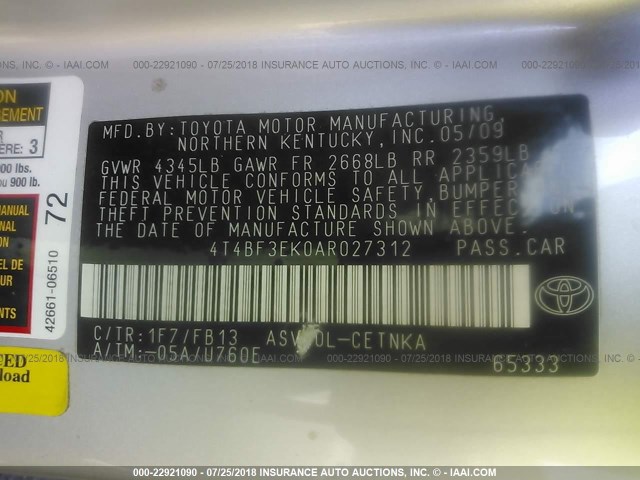 4T4BF3EK0AR027312 - 2010 TOYOTA CAMRY SE/LE/XLE SILVER photo 9