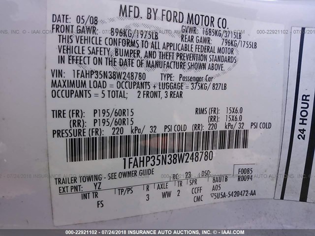 1FAHP35N38W248780 - 2008 FORD FOCUS SE/SEL/SES WHITE photo 9