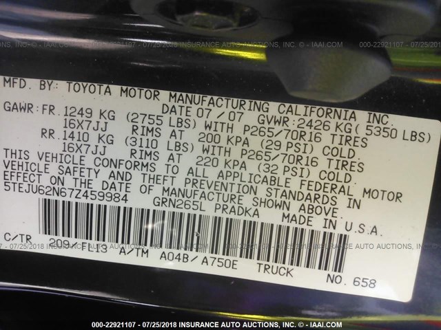 5TEJU62N67Z459984 - 2007 TOYOTA TACOMA DOUBLE CAB PRERUNNER BLACK photo 9